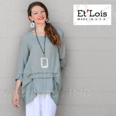 ET'LOIS USA Linen PAM TUNIC Long Balloon Pleat detail Top S 40'' Bust SMOKEY SAGE