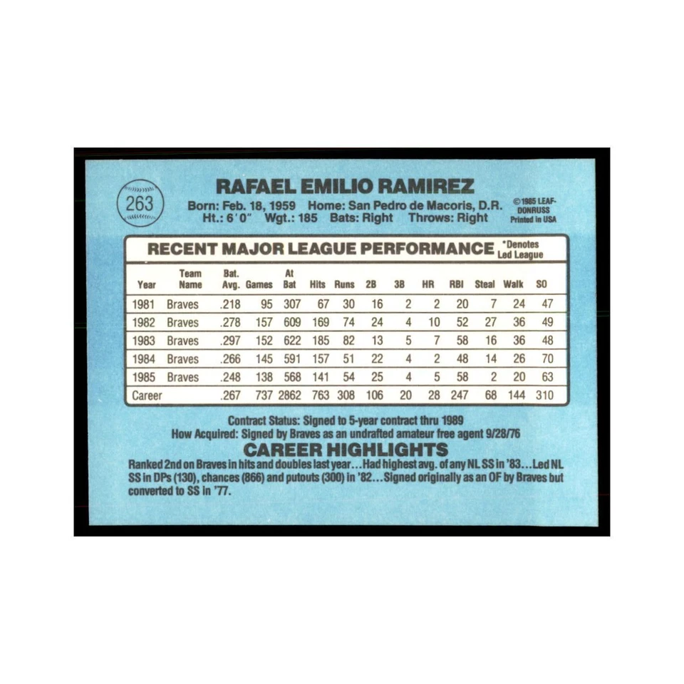 1986 Donruss Rafael Ramirez Braves #263 - Image 2 of 3