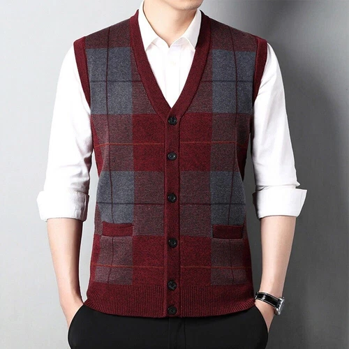 Men's Sleeveless V Neck Plaid Cardigan Sweater Vest with Knitted Waistcoat Tops - Picture 27 of 29