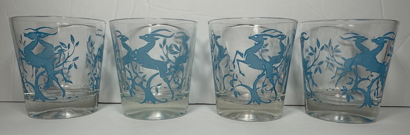 Vintage Set 4 Federal Blue Gazelle Old Fashion Double Rock Glasses - MCM Barware