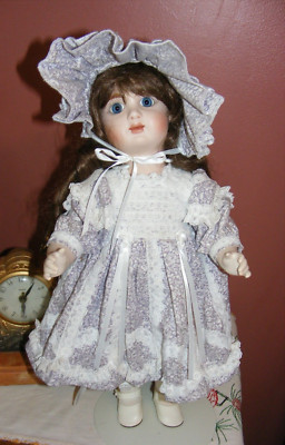 Vintage Porcelain 19'' Doll Blue Eyes Red Hair Hand Made Dress