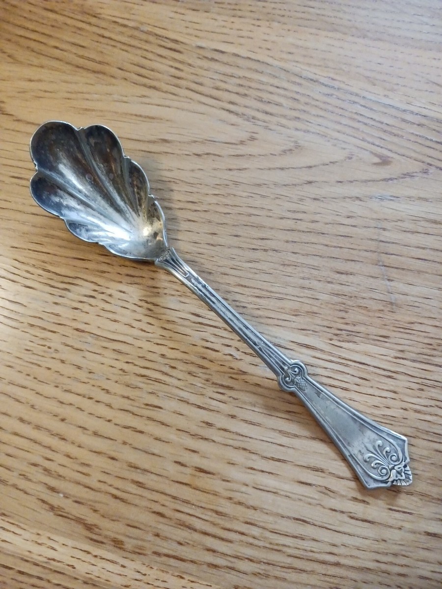 Antique Derby Silver 6” Sugar/ Jelly Spoon Scalloped Filigree