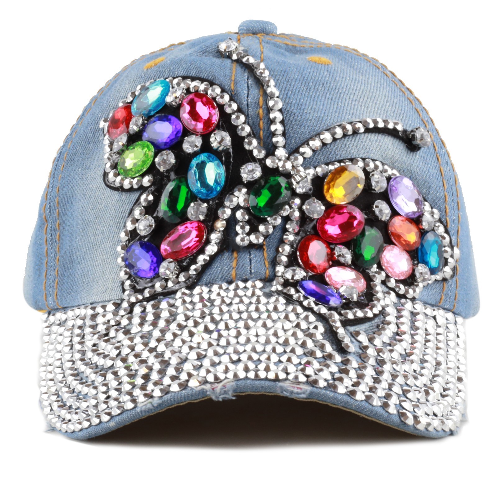 Embroidered Rose Denim Baseball Cap with Rhinestone Accents Denim Bling Hat Rose Flower Embroidery Patch Studded  main image 3