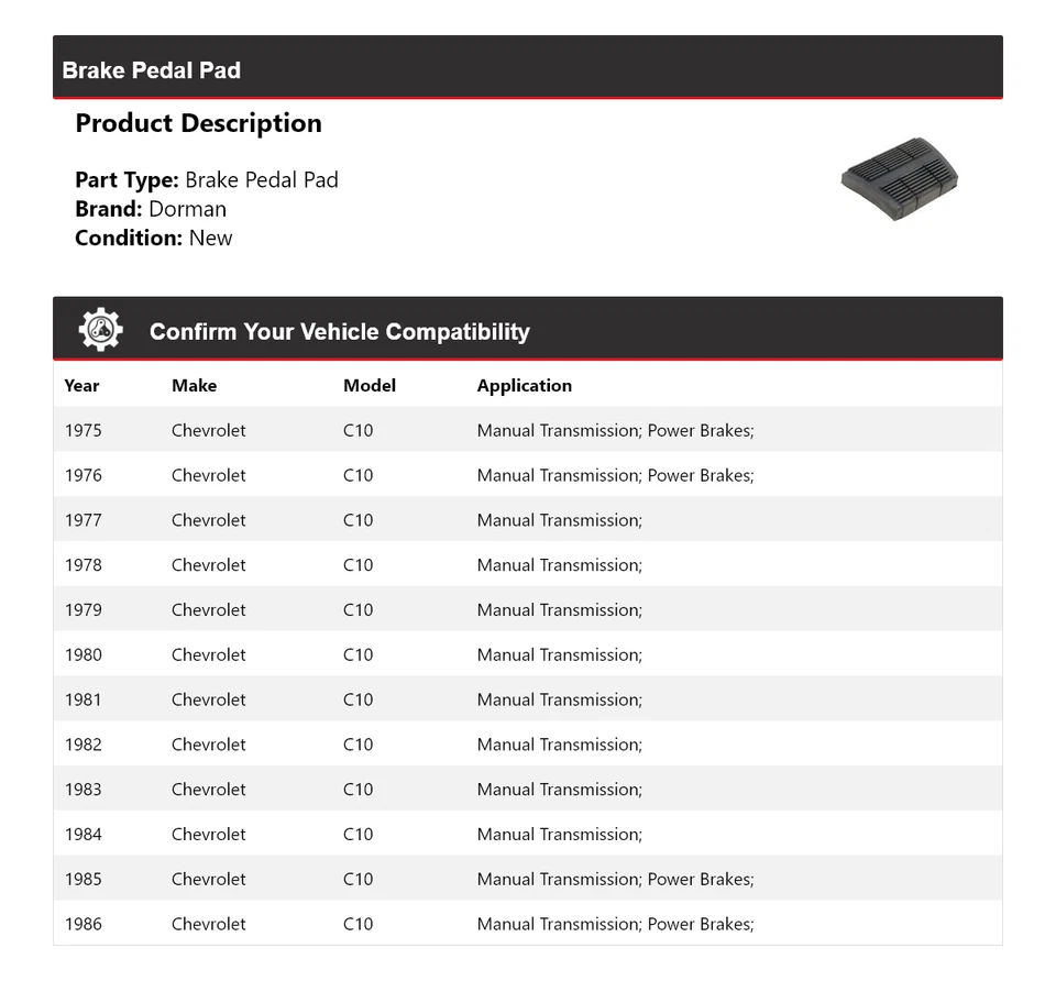 Pastilla de pedal de freno para Chevrolet C10 Dorman 1975-1986 1976 1977 1978 1979 1980 1981 Foto 2 de 4