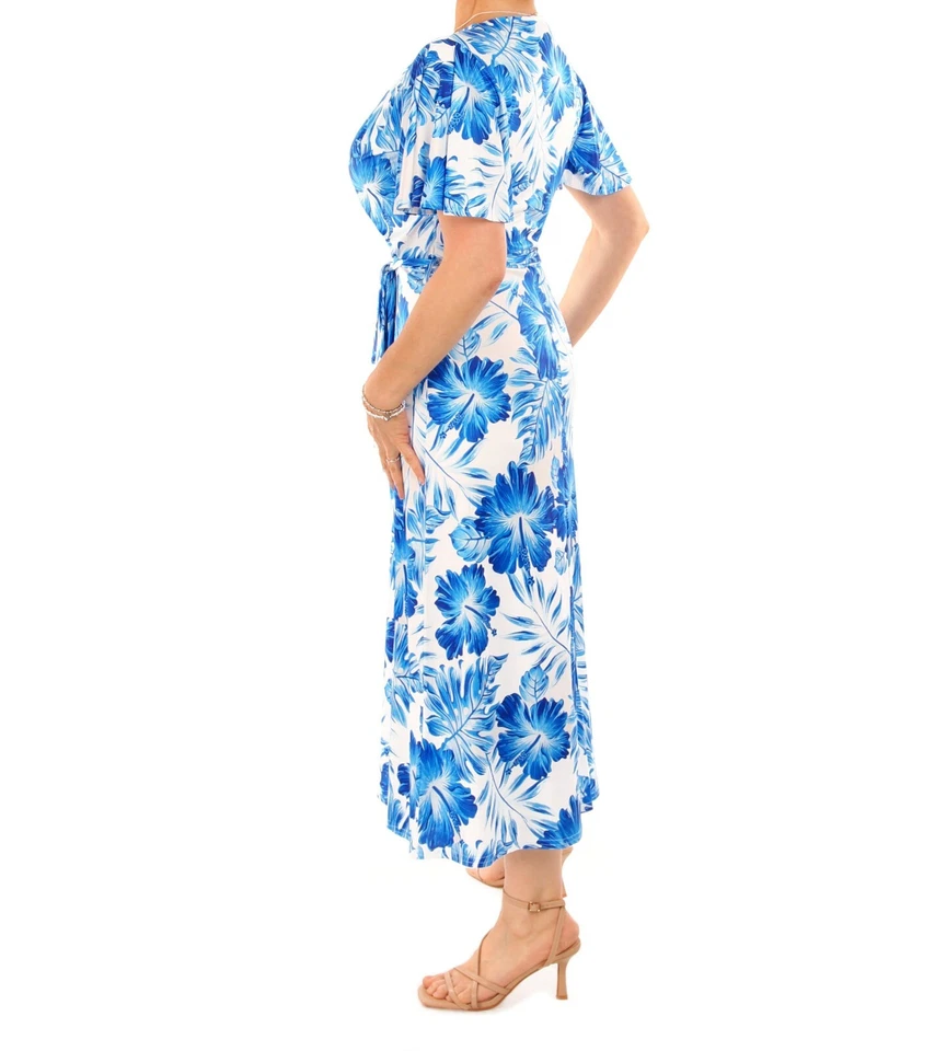 Azul Nuevo Floral Forrado Manga con Vuelos Rodilla Longitud Ajustado y Vestido - Imagen 2 de 4