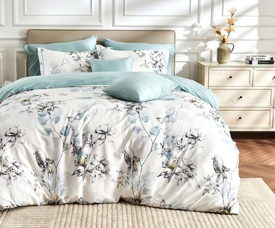 Duvet Cover King Size, 600 Thread Count Cotton Beige & Bluish Grey Printed with
