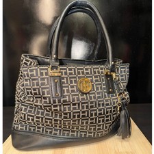 Tommy Hilfiger Tote Bag Black White Monogram Canvas Leather Straps