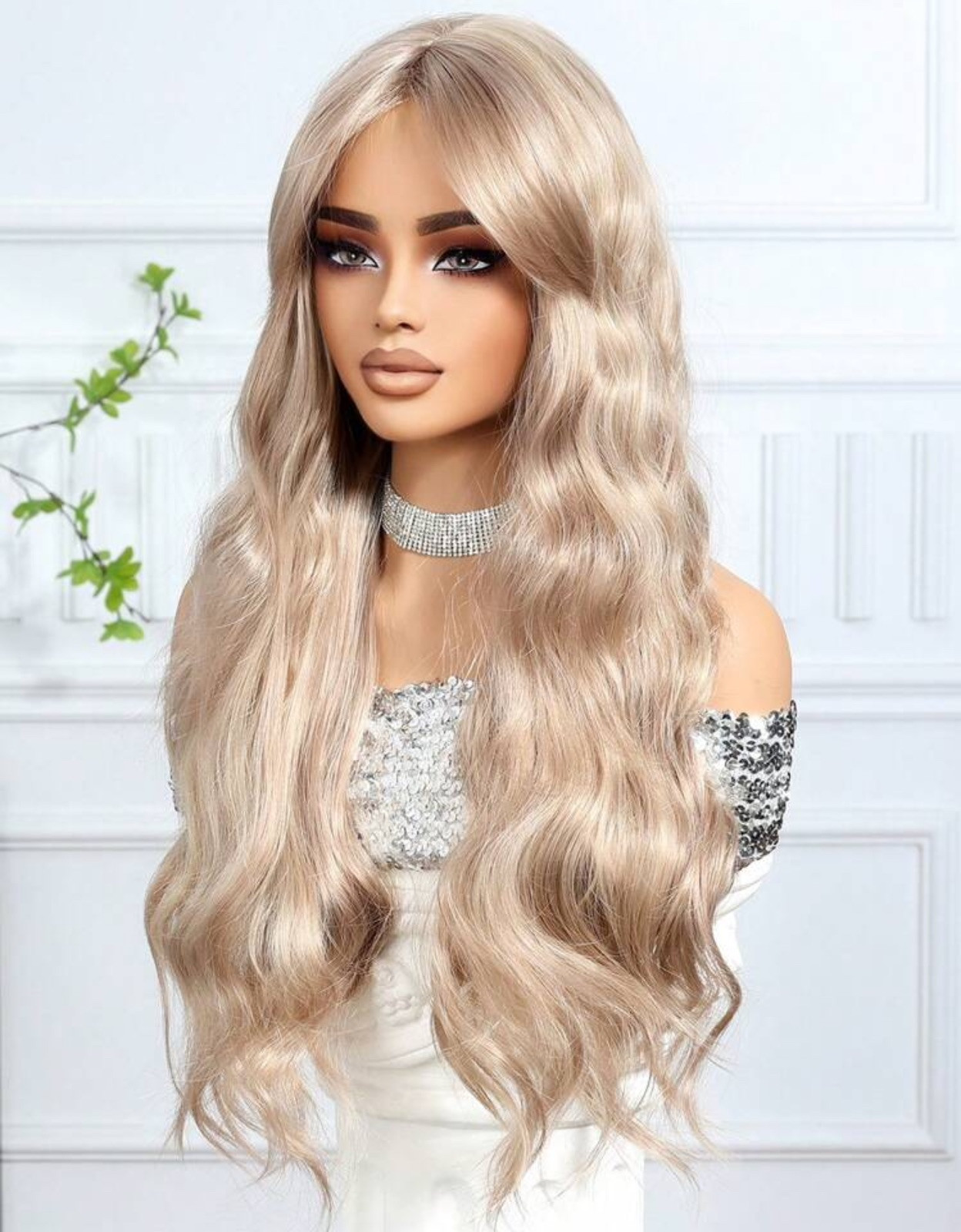 Perruque blonde dorée longue ondulée à frange avec 4 bonnets