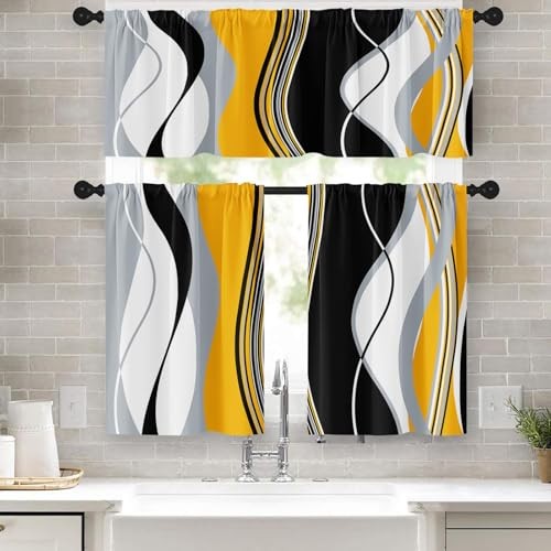 Yellow Grey White Black Kitchen Window Curtains Valance and Tier Set 36 Inch,