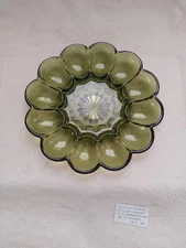 Vintage Anchor Hocking  Fairfield 10" Avacado Green Scalloped  Deviled Egg...