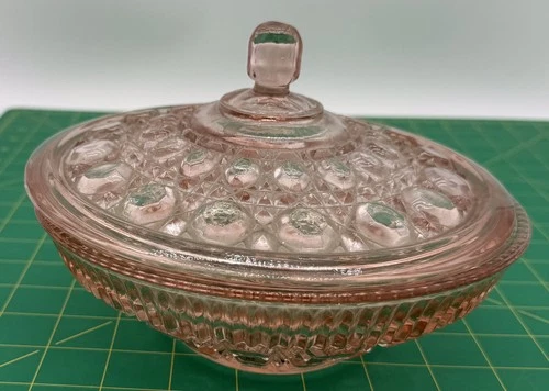 Vintage Federal Indiana Pink Windsor Pattern Glass Candy Trinket Dish With Lid