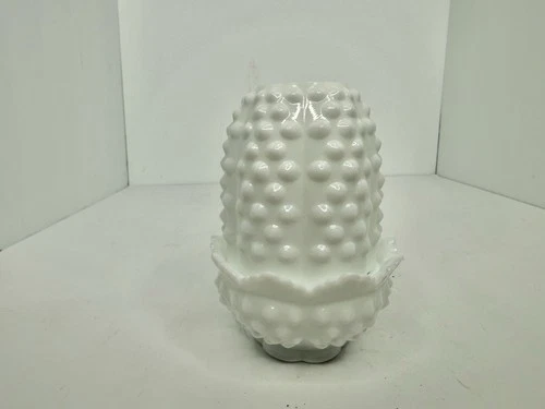 Vintage MCM Fenton White Milk Glass Hobnail 5" Fairy Lamp Light Two-Piece