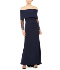 Vince Camuto Womens Embellished Off-Shoulder Gown Dress, Blue, 4