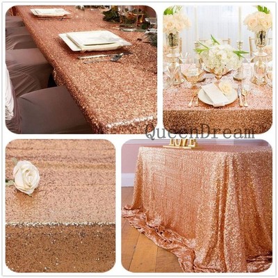 QueenDream Rose Gold Table Cloth 60x102 Inches Sequin Tablecloth for Parties Spa