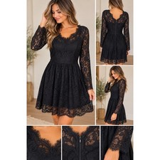 Lulus Black Lace Long Sleeve V-Neck Fit and Flare Mini Dress NWT