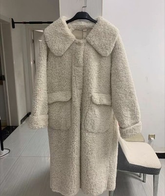 Women s Cream Faux Shearling Teddy Bear Long Coat with Collar and Pockets S