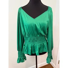 I.N.C. International Concepts V-Neck Smocked Blouse in Green
