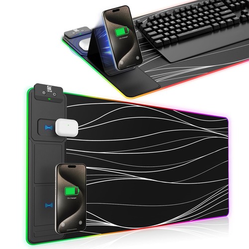 XXL Mouse Pad with Phone Holder RGB Desk Mat with 15W Fast Charging LED Large...