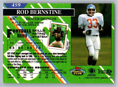 1993 TOPPS STADIUM CLUB CARD # 459 Rod Bernstine - Denver Broncos