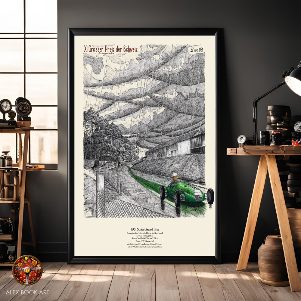 1951 Swiss Grand Prix Vintage Poster Stirling Moss Formula Racing Car Art Print