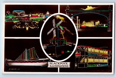 England Postcard Multiview Blackpool Illuminations c1940's RPPC Photo