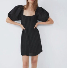 Zara Dress Womens S Black Balloon Sleeves Pleated Body A-Line Short/Mini Modern