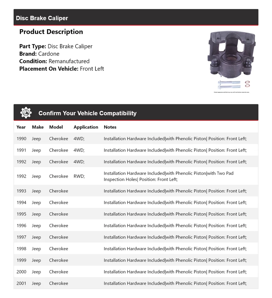 Штангенциркуль переднего левого дискового тормоза для Jeep Cherokee 1990-2001 годов выпуска 1991 1992 1993 годов выпуска - Изображение 2 из 4