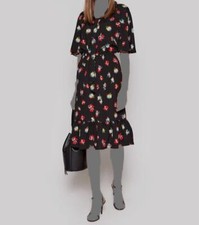 $155 Ralph Lauren Women's Black Floral-Print Crepe Neck-Tie A-Line Dress Size 4
