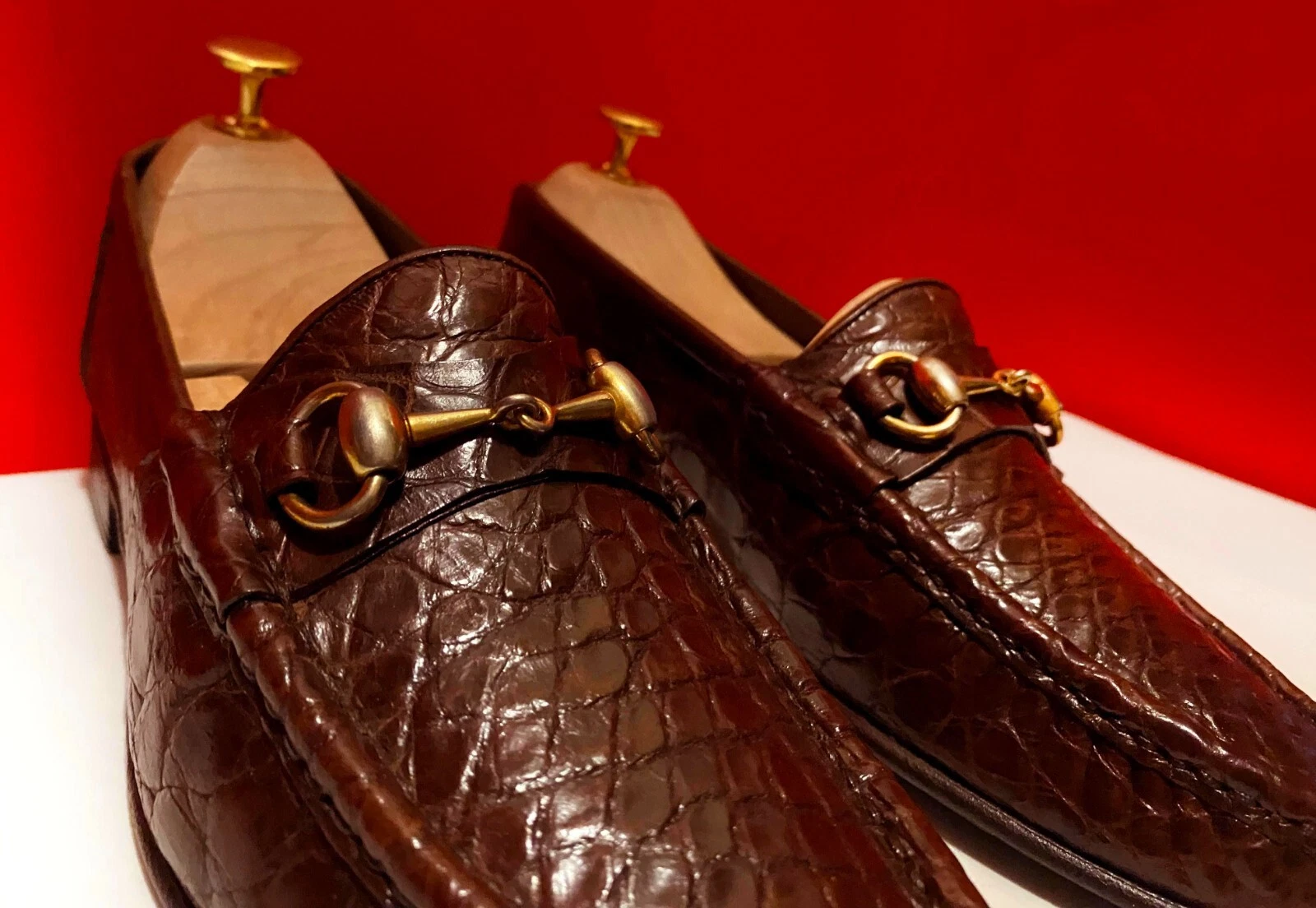 3489, !! CHAUSSURES MOCASSINS HOMME GUCCI LUXE MARRON ALLIGATOR 40 M US 7 7,5 D MAX