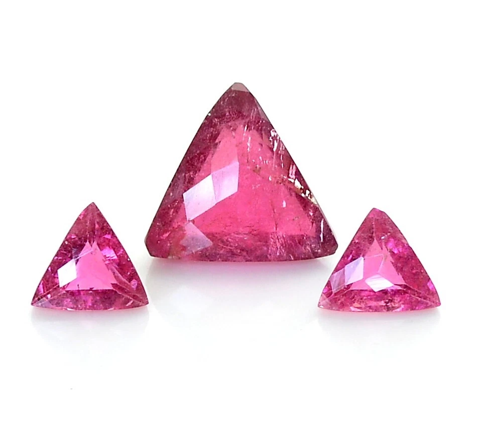 Natural Pink Tourmaline Trillion Checker Cut Lot 03 Pcs Set Loose Gemstones - Image 2 of 4