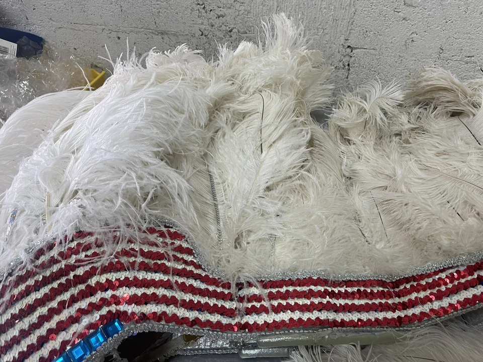 TOCADO para DISFRAZ ROJO BLANCO Y AZUL con PLUMAS 8 pies de largo HECHO A MANO Foto 3 de 4