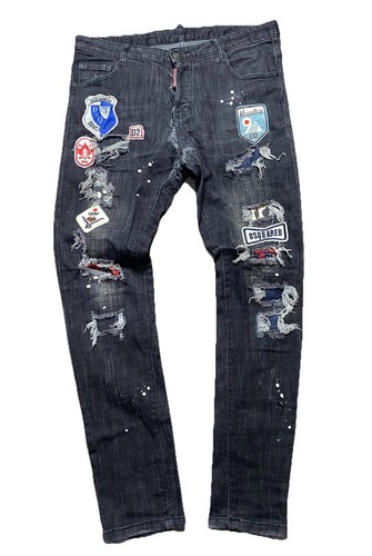 DSQUARED KENNY CLASSIC JEANS MADE IN ITALY BLACK SKINNY PATCHWORK SIZE  33x30