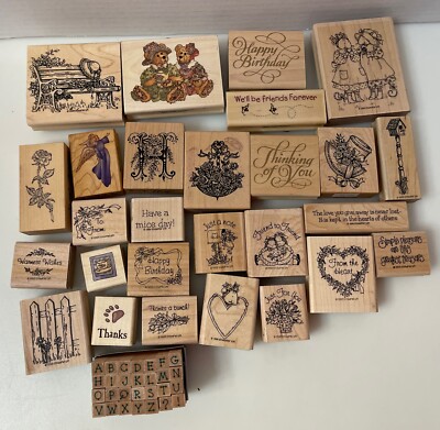 Stampin Up & Others Rubber Stamp Design Wood Mount Mixed Lot Of 55 READ