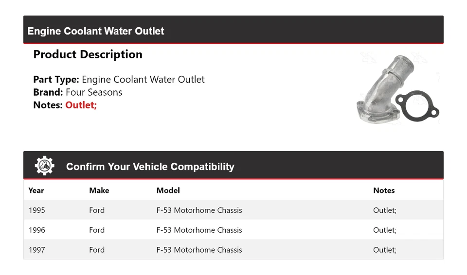 Para autocaravana Ford F-53 1995-1997 chasis motor refrigerante salida de agua 4 estaciones Foto 2 de 4