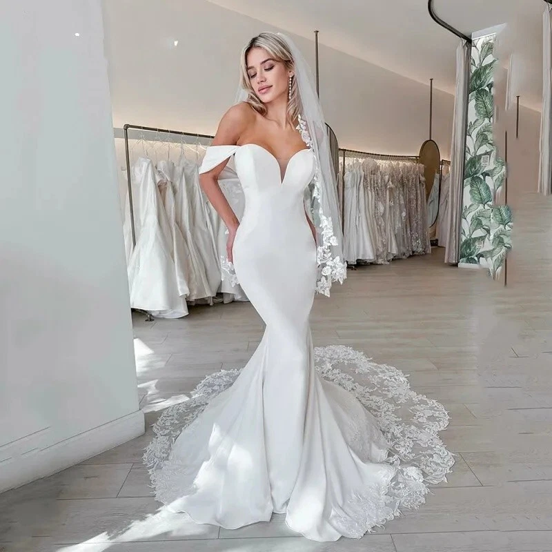 Mermaid Wedding Dresses Simple Sweep Train Off Shoulder Romantic Bridal Gowns - Image 2 of 4