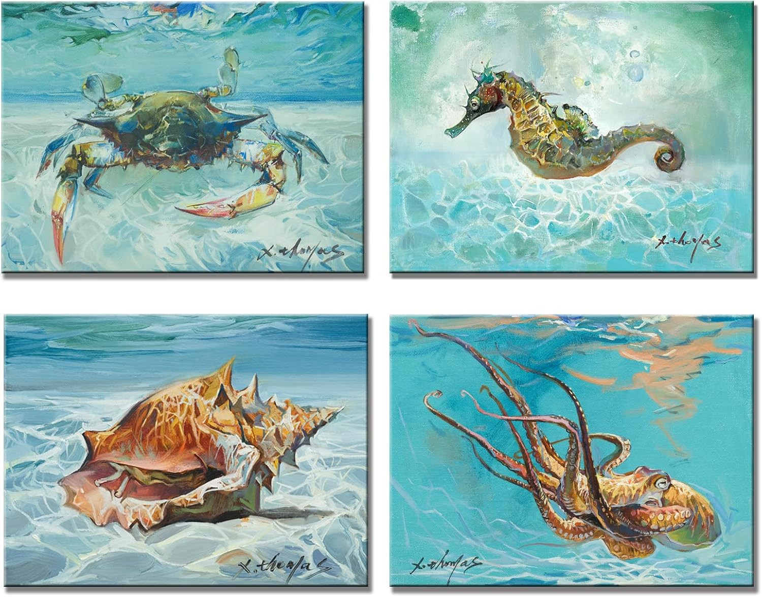 Ocean Life Blue Crab Octopus Seahorse Seashell Wall Art, 12X16 Inch