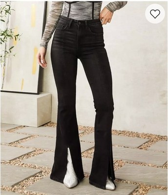 Flying Monkey Womens High Rise Flare Jeans Seam Detail Black Split Bottoms Sz 24