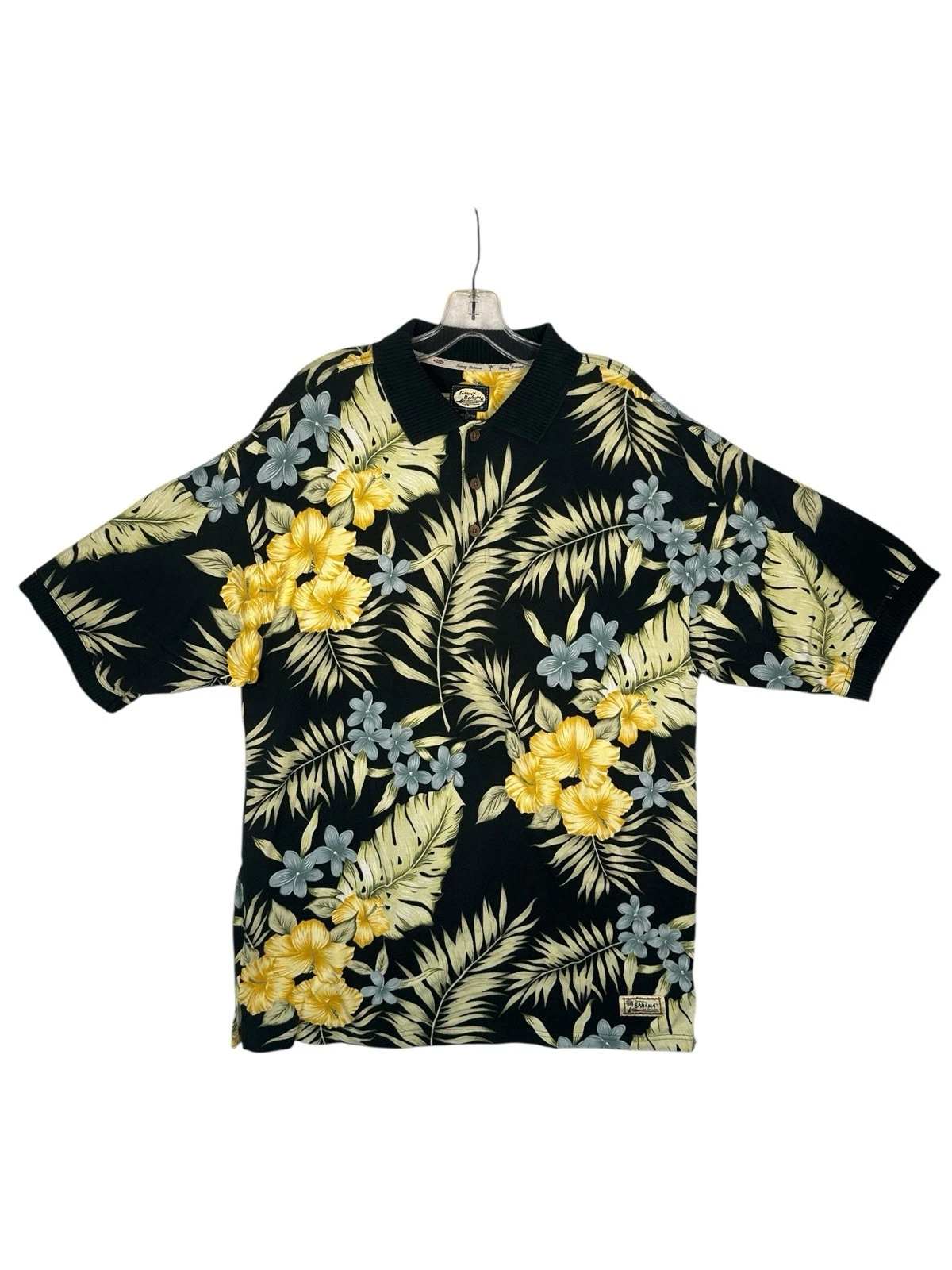 Tommy Bahama Aloha L Black Yellow Floral Hawaiian Shirt Hawaii Relax Palm Cotton
