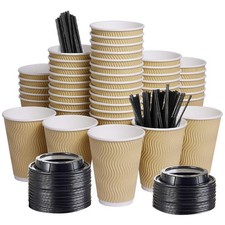 Disposable Paper Coffee Cups with Lids, 100 pack 12 oz Ripple Wall Insulated ...