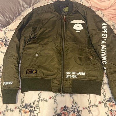 AAPE BY A BATHING APE Men s Green MA-1 Bomber Jacket Full Zip Logo Sz S