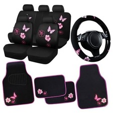 Universal Cloth Butterfly Car Seat Covers Full Set, Embroidered Black Pink