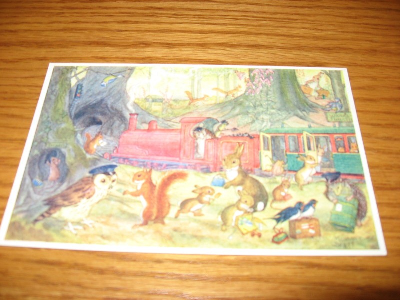 Molly Brett 2 animal in cars and train postcards vintage