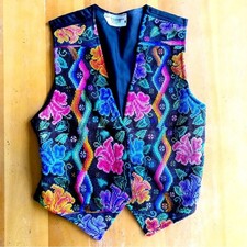 Vintage Colorful Embroidered Floral Vest Artisan Made in Guatemala Medium Unique