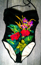 SlimSuit Bathing Suit One Piece Size 16 USA made Blk, Orange, Red, Turq. Emeral