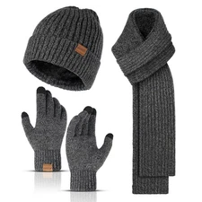 Winter Beanie Hats for Men Long Neck Scarf and Touchscreen Gloves Set with Fl...
