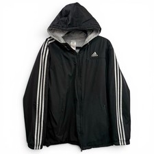 Vtg Adidas Men s M/L Black Gray Reversible Jacket 3 Stripe Logo Hooded Coat 90 s