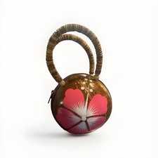 Hawaii Coconut Shell Purse, Hand Painted, zippered W/wooden bead handles