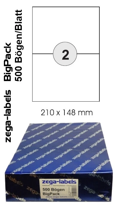 ZEGA-LABELS 1.000 Etiketten 210 x 148 mm auf DIN A4 Bögen (1x2 Etiketten DIN A5) UPS DPD DHL