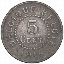 1916 Belgium 5 Centimes Coin – German Occupation Coinage – Zinc