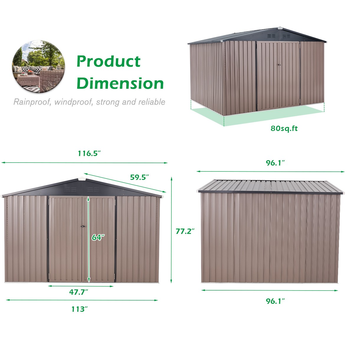7'x7'/ 8'x10' Outdoor Storage Shed Metal Tools Shed Utility Room W